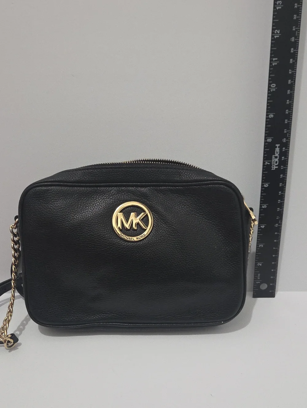 Michael Kors Black Leather Crossbody with Gold MK Emblem